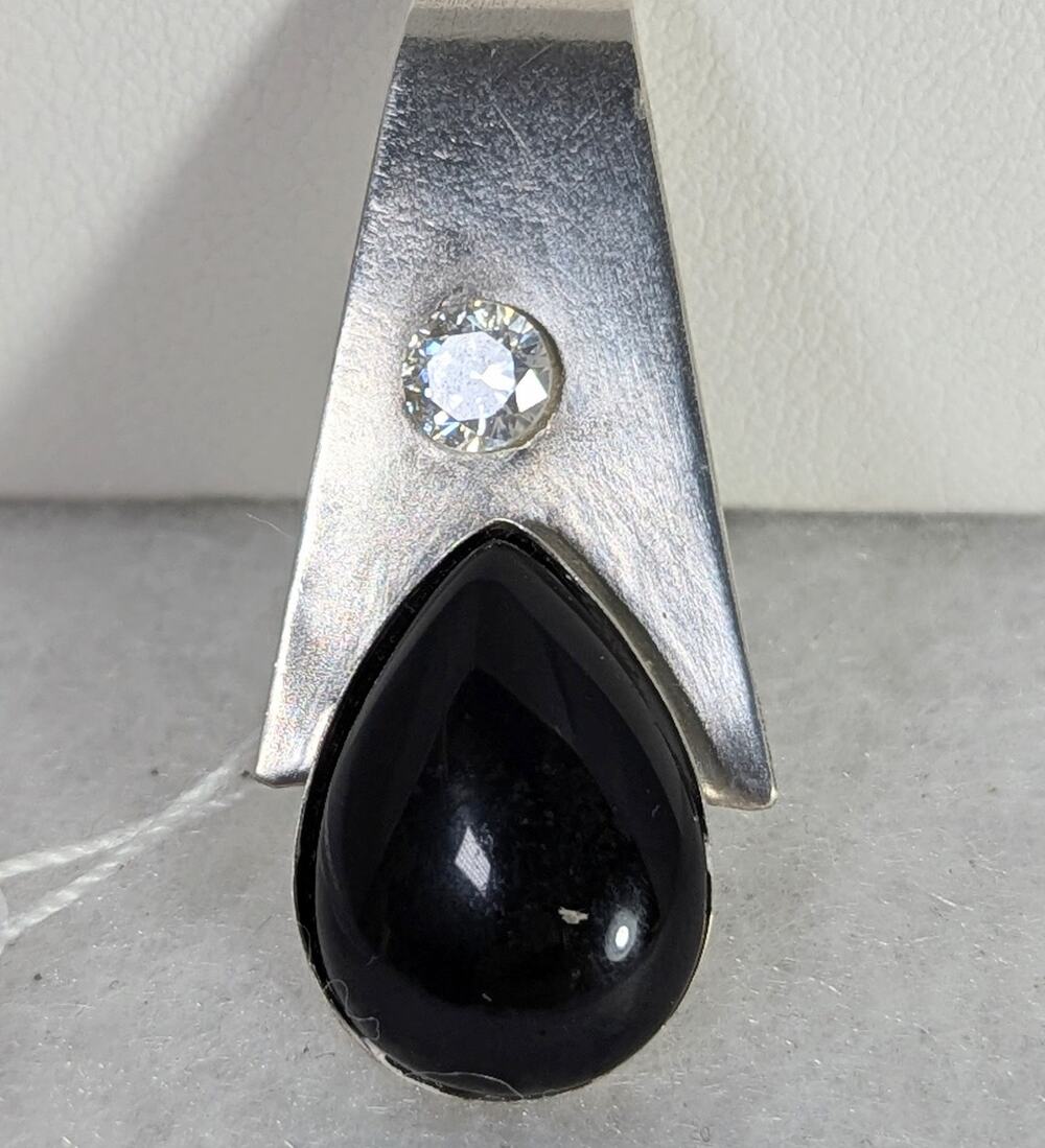 Sterling silver pendant Onyx bezel set + CZ No chain  13/4"x 3/4"Signed OOAK NWT